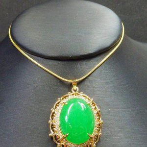 Yellow Gold Plate Green JADE Pendant Cabochon Diamond (Imitation) 322527